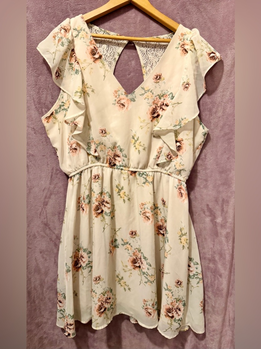 Maurices Cream Dress with Pink Rose Floral Ruffles